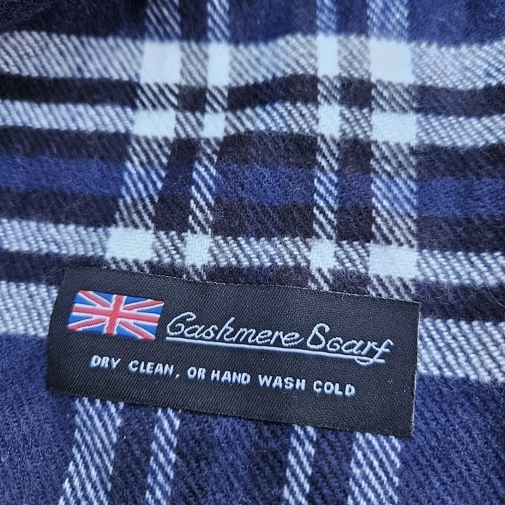 navy plaid cashmere scarf with union jack logo
